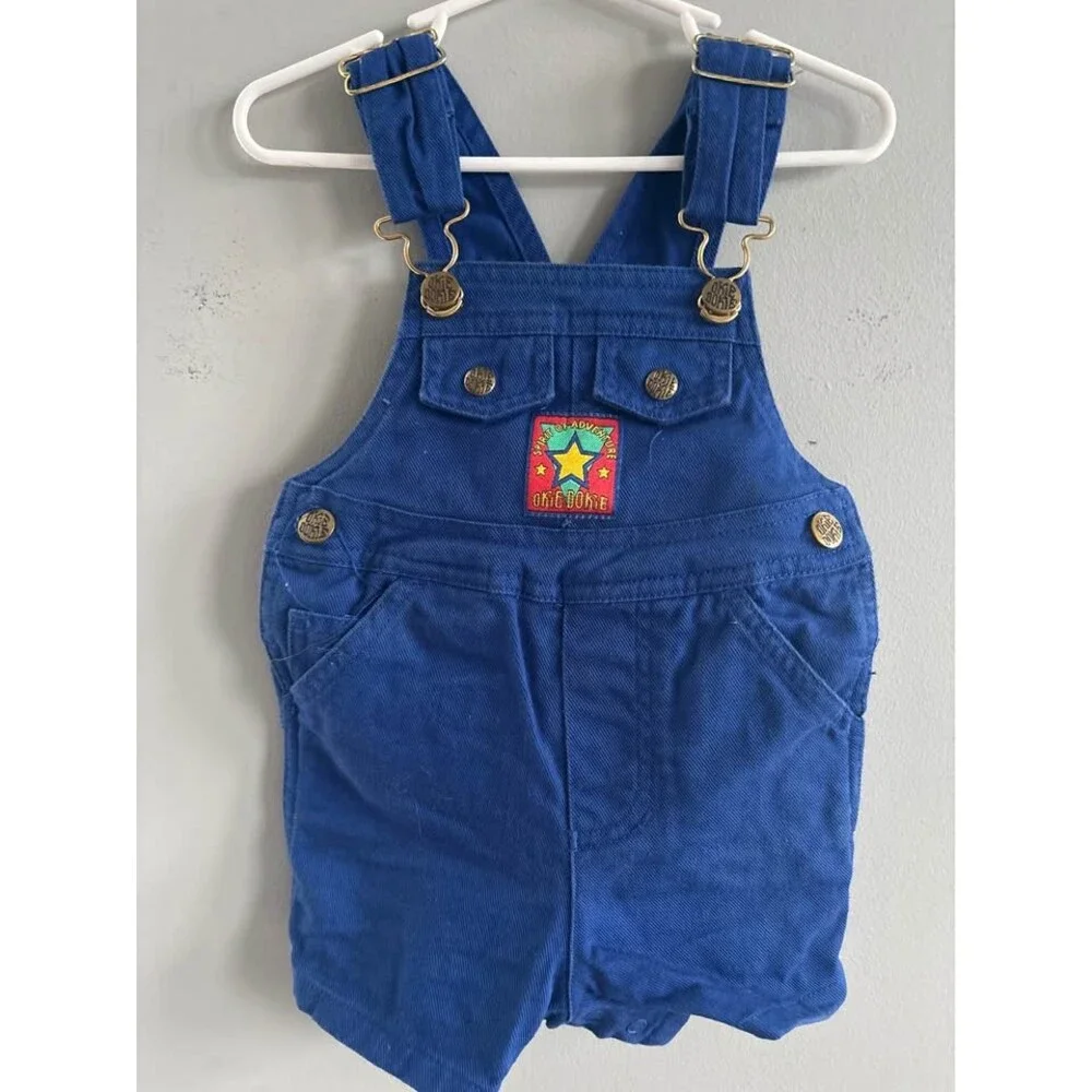 Vintage Okie Dokie 18 months  “Spirit of adventure” blue adjustable overall shor